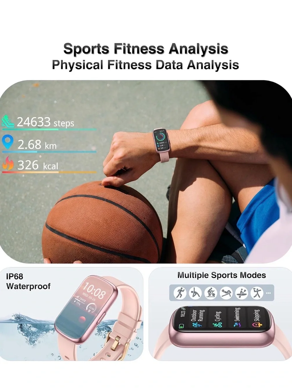 Pink Smart Fitness Watch with Rose Gold Buckle Smartwatch IP68 Waterproof